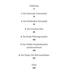 Inhaltsverzeichnis: Einleitung auf Seite 9, Themen von Gelassenheit bis Utopie, Dank auf Seite 253, Quellen auf 255.
