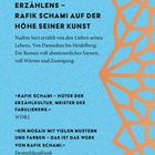 Text auf blauem Hintergrund beschreibt Rafik Schamis Erzählkunst mit lobenden Zitaten von WDR2 und Deutschlandfunk. Rechts ein orangefarbenes geometrisches Muster.
