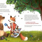 Texte: „Im Notfall ruf die 1-1-2, und schnelle Rettung eilt herbei!“ Ein Bär sitzt weinend am Boden, ein Fuchs hilft ihm, unter einem Pflaumenbaum.