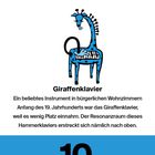 "Giraffenklavier", Beschreibung des Instruments und Datum: Samstag 10. April. Illustration: Giraffe mit Klavierkörper.