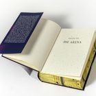 Links Text über "Drei Dinge..." Rechts "Erster Teil DIE ARENA". Buchseite mit Sternenmuster, Buchumschlag lila mit gelben Details.
