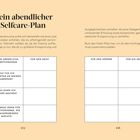 Text im oberen Teil: 
"Dein abendlicher Selfcare-Plan" mit Erklärung. 
Links: Planungstabelle für "meine abendliche Selbstfürsorge". 
Rechts: Kategorien "für den Geist", "für den Körper", "für die Seele".
