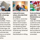 50 Sätze für den Familienalltag, liebvoll Grenzen setzen, konkrete Beispiele für jedes Alter. Drei Bilder: Lesen, Mutter mit Kind, Kindergruppe.