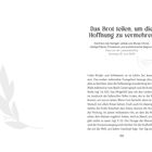 "Das Brot teilen, um die Hoffnung zu vermehren." Text diskutiert christliche Themen. Links unten dezente Zweig-Illustration.
