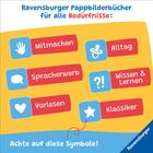 "Ravensburger Pappbilderbücher für alle Bedürfnisse" zeigt Symbole wie Hand, Schnuller, Sprechblase, Herz.