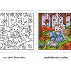 Links: "vor dem Ausmalen", rechts: "nach dem Ausmalen". Illustration eines Mädchens im Wald mit Buch und Eichhörnchen.
