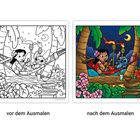 “Vor dem Ausmalen” und “nach dem Ausmalen” zeigen eine Hängematten-Szene mit tropischen Blumen und einem Mädchen mit Gitarre.