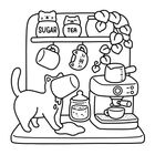 Die Wörter "SUGAR" und "TEA" stehen auf Katzengläsern. Eine Katze schnuppert an einer Tasse, daneben eine Kaffeemaschine.