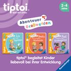 Text: "Abenteuer Großwerden", "2-4 Jahre", "Liv geht aufs Töpfchen", "Smilla lernt ein gutes Miteinander", "Piet kommt in den Kindergarten", "tiptoi® begleitet Kinder liebevoll bei ihrer Entwicklung", "Ravensburger".  
Bunte Bucheinbände mit spielenden Kindern.