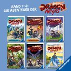 "Band 1-6: Die Abenteuer der Dragon Ninjas." Sechs Buchcover mit Abenteuermotiven und einem drachenförmigen Logo.