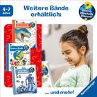 Texte: "Weitere Bände erhältlich:", "4-7 Jahre", "Wir erforschen die Dinosaurier", "Unsere Erde", "Alles über Roboter". Ein Mädchen liest ein Buch.