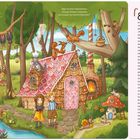 Texte: "Zeige Hänsel und Gretel den Weg, damit die beiden aus dem Wald nach Hause finden." "Knusper, knusper, knäuschen, wer knuspert an meinem Häuschen?" 

Beschreibung: Eine farbenfrohe Illustration mit einem Lebkuchenhaus im Wald. Viele Tiere und Hänsel und Gretel sind zu sehen.