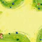 Grüne, spiralförmige Muster auf hellem Hintergrund mit Illustrationen von Beeren, Blättern, einem Wurm und einem Pilz.