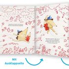 Texte: "Sobald Piri den roten Stift...", "Angesäuselt vom Donnern...", "Beim Malen vergisst Piri...", "Wegen des Sturms..."

Illustration: Ein Igel mit blauem Hut hält roten Stift. Umgeben von roten Kritzeleien und einem welligen Hintergrund.