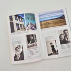 Texte: "Das norwegische Kataloghaus"; "Das Leben als alleinerziehende Mutter"; "Anita ist die Freiheit"; "Hildegard mit ihrem Verlobten". Eine offene Broschüre mit Fotos von Häusern und Porträts.