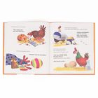 Ein illustriertes Buch mit Hühnern und bunt bemalten Eiern; humorvolle Dialoge zwischen den Tieren.