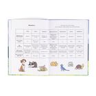 Tabelle über Haustiere mit Texten zu Pflege, Tricks und Besonderheiten. Darstellungen von Hund, Katze, Kaninchen, etc. am Rand.