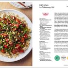 Hähnchen im Takeaway-Stil. Zutatenliste: Sojasauce, Hähnchenfleisch, Paprikaschoten, grüne Bohnen, Ingwer. Zubereitung: 25 Minuten.