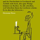 Zitat von Hermann Hesse über die Schwierigkeit des Schreibens. Illustration eines Schreibers an der Schreibmaschine.