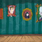 Drei skurrile Porträts an einer türkis gestreiften Wand. Eine Spinne hängt an einem Faden, und ein leerer Rahmen ist sichtbar.