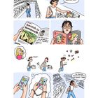 "Vorläufiges Cover", "Todesstrafe für Homosexuelle", "Cool, ein Artikel über den Iran!", "Bin ich", "Ich brauche definitiv ein neues, ein leeres! - Handy." Comic über ernste Themen.