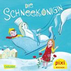 "Die Schneekönigin" in weißen Buchstaben. Eine Illustration mit einem Schlitten, einer Frau, einem Kind und einem Pferd im Schnee.