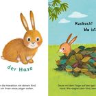 Links: "der Igel", "der Pilz", "der Hase". Rechts: "Kuckuck! Wo ist der Igel?" Illustration von einem Igel, Hasen und Pilz.