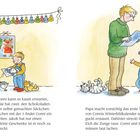 Zwei Kinder mit Adventskalendern, ein Hund liegt am Boden. Eltern schauen zu. Fröhliche Szenerie mit festlicher Dekoration.