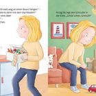 Texte: Bo will Schnulli nicht weggeben. Mama schlägt den Dachboden vor. Basteln eine Schatzkiste. Schlaf schön, Schnulli!

Links ein Kind am Tisch mit Mama, die Bastelsachen hält. Rechts auf dem Dachboden, Kind legt Schnulli in Kiste.