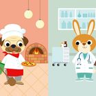 Illustration: Links ein Mops-Koch mit Pizza; rechts ein Hasen-Doktor mit Stethoskop.