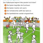 Kreise Buchstaben der richtigen Antwort ein und male Figuren an. Illustration von Kindern beim Fußballspiel.