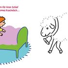 "Mo hätt so gern für ihren Schlaf ein weiches, warmes Kuschelsch..." steht über einem Bild von Mo im Bett, daneben ein Punkt-zu-Punkt-Schaf.