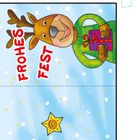 "Weihnachtspost", "Frohes Fest". Ein fröhliches Rentier hält ein Geschenk. Hintergrund mit Schneeflocken und Sternen.