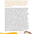 "Warum wackeln meine Zähne?" Großes Textfeld erklärt den Austausch von Milchzähnen. Kind hält einen Zahn in der Hand.