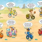 Comic-Illustration von Tieren und Menschen auf Fahrrädern mit Sprechblasen voller Witzen.