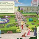 CINDERELLAS GARTEN: EIN RUHIGER ORT INMITTEN VON BLUMEN. Illustration eines Schlossgartens mit Figuren und Tieren.