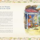 Titel "Sonne am Morgen, Mond in der Nacht" mit Winnie Puuh, Kanga und Ruh auf einer Veranda, umgeben von Wald.