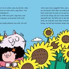 Illustration: Ein Mädchen und eine große, freundliche Katze umarmen sich inmitten von Sonnenblumen.