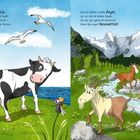 Links steht ein Gedicht über eine Kuh auf einer Wiese mit Möwen, rechts über Ziegen in den Bergen mit einem Bach.