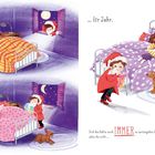 Texte: "Jahr ...", "... für Jahr ...", "... für Jahr.", "Und das hätte auch IMMER so weitergehen können, wäre da nicht ..."

Illustration: Drei Szenen eines Kindes im Bett, ein Hund, ein Weihnachtsmann im Raum.