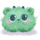 Ein grünes, flauschiges, rundliches Monster mit großen Augen, kleinen Ohren und Hörnern auf einem hellen Hintergrund.
