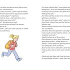 Zwei Seiten aus einem Buch mit einem Bild eines Mädchens in rot-weiß gestreiftem Shirt, gelbem Rucksack, blond, fröhlich.