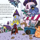 Ein Comicbild zeigt eine magische Stadt mit einem Waffelwagen und verschiedenen Fabelwesen in Bewegung.