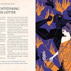 „Die Entstehung der Götter“ steht als Überschrift. Links Text über griechische Götter, rechts eine Illustration mit brennenden Figuren.