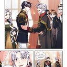 Oben: "Hahahaha!!" Unten: "Es ist mir eine Ehre..."; "Wir sind froh..."; "Lasst mich Euch...". Festliche Szene mit elegant gekleideten Personen.