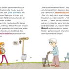 Ein Junge und ein Mädchen mit Rucksäcken laufen zu einem Schulweg-Schild. Eine ältere Dame mit Rollator spricht mit ihnen.