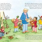 Texte: Kinder räumen im Herbst den Garten auf. Sie sammeln Blätter und verstecken Blumenzwiebeln. Illustrative Szene mit Bäumen.