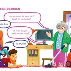 „Stecker Gezogen“ und Dialoge. Illustration: Zwei Kinder verstecken sich, während eine Oma staubsaugt.