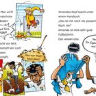 "Wir haben fünf Tore kassiert! FÜNF!" Ein Torhüter wirft Handschuhe auf den Boden. Amanda unter einem Handtuch, "Grummel".