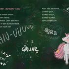 Text über einen dunklen Wald. Geräusche wie "HIU-UUUU", "GRRR", "KNACK". Ein Einhorn schaut ängstlich in die Dunkelheit.